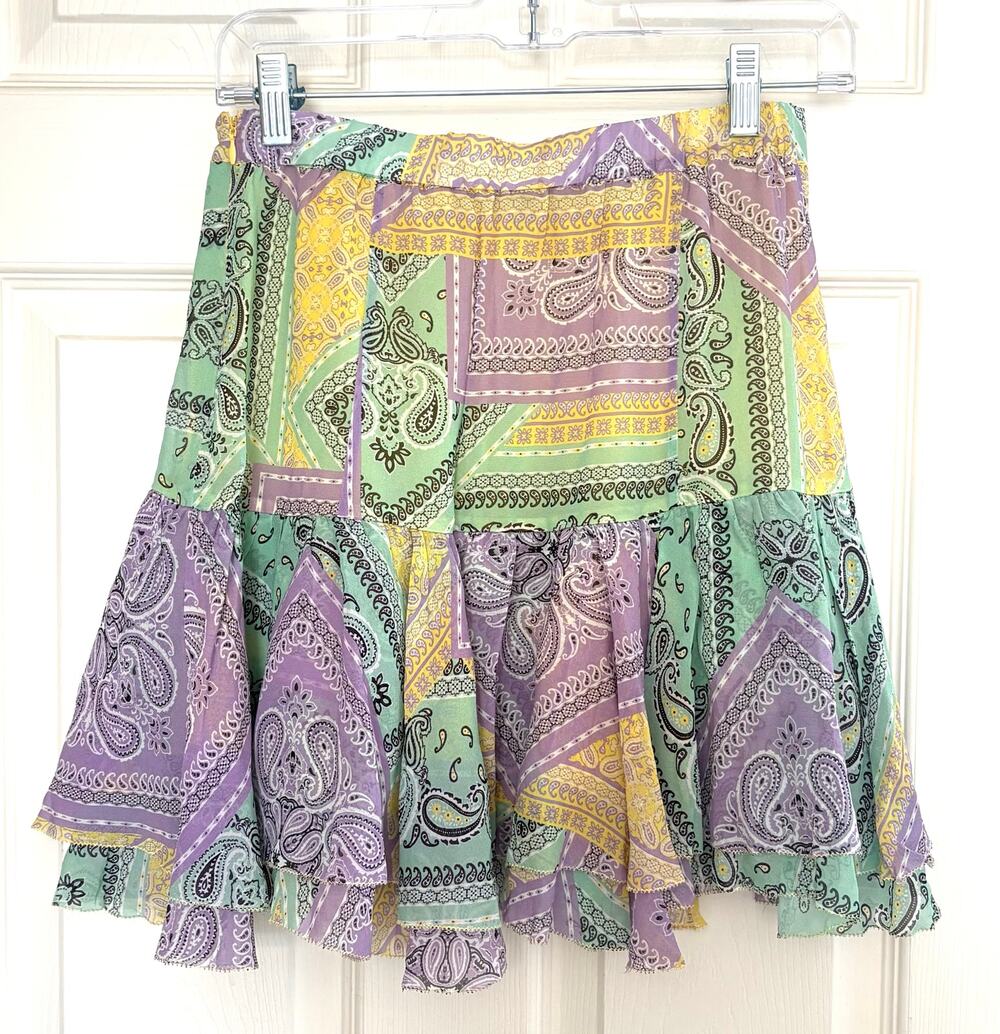 Le Superbe Skirt Silk Patchwork Paisley Mini Women’s Size 4 Tiered Boho Flounce